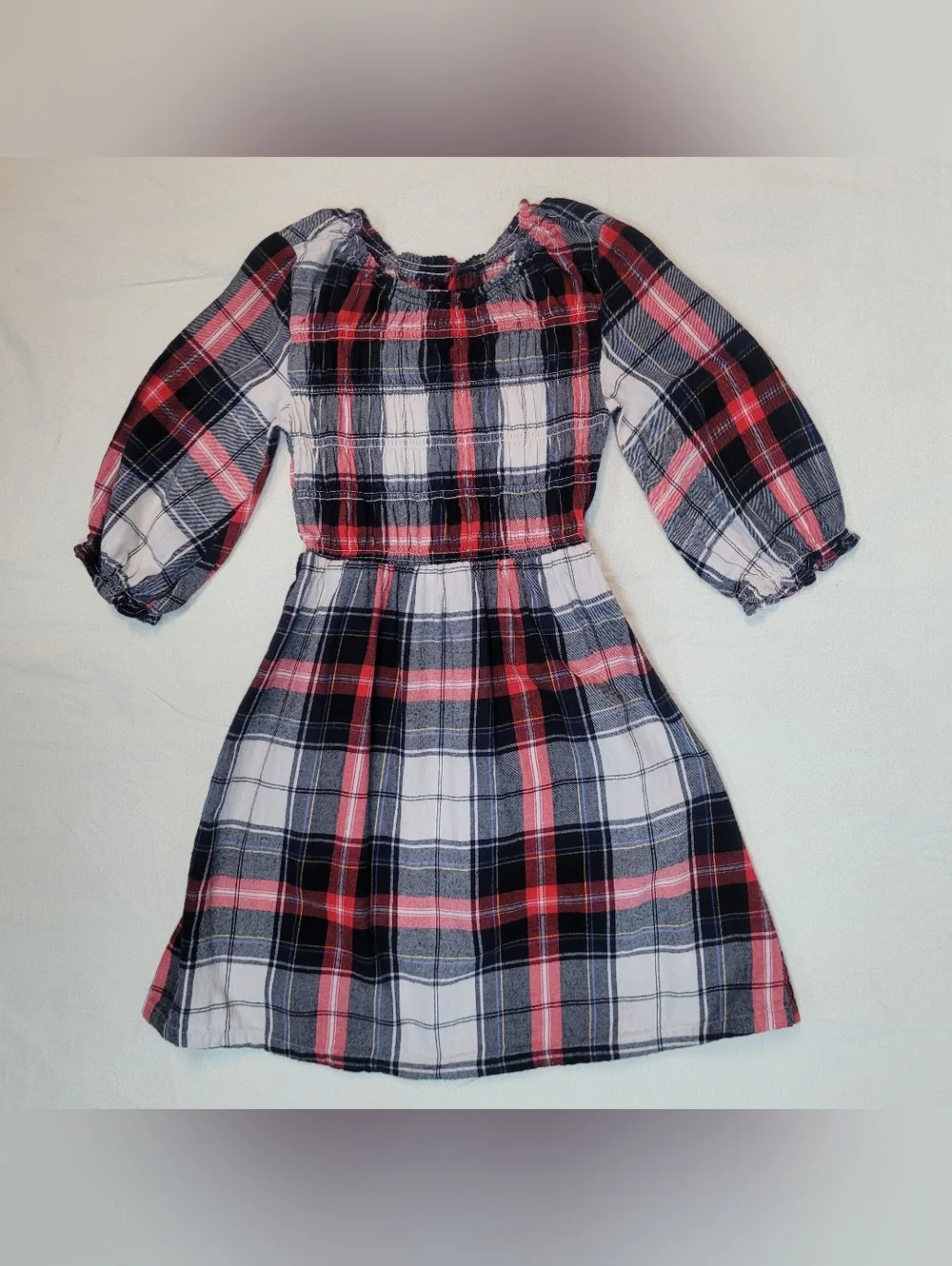 Old Navy Girls Plaid Dress in Red, Black & White Flannel, Smock Bodice, Size 8